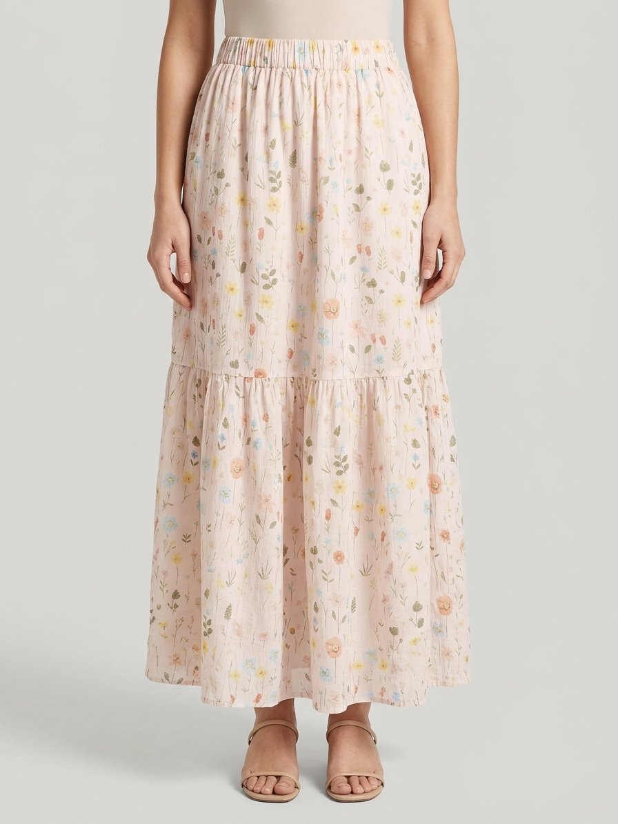 Women’s Light Blue Floral Tiered Maxi Skirt
