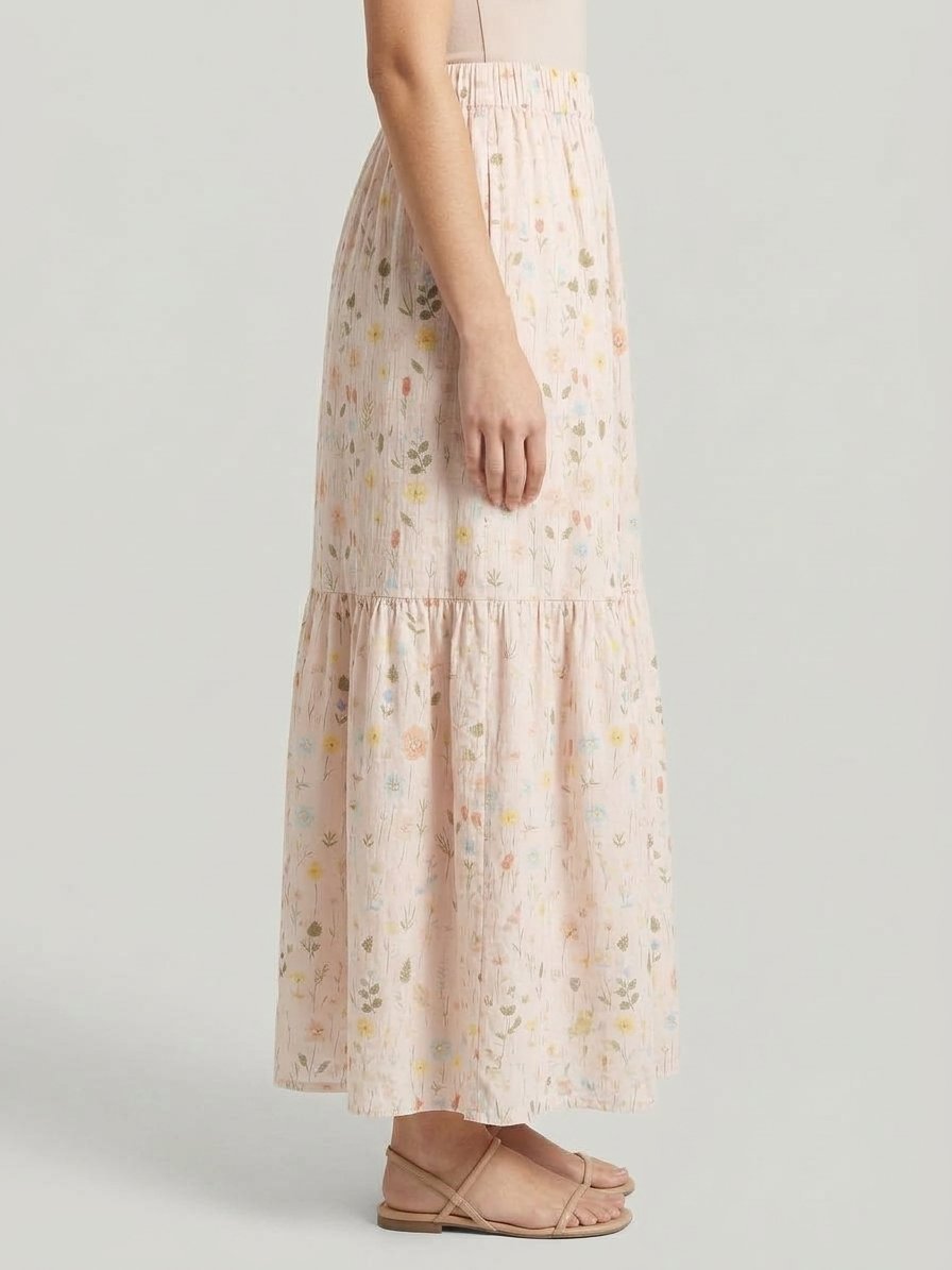 Women’s Light Blue Floral Tiered Maxi Skirt