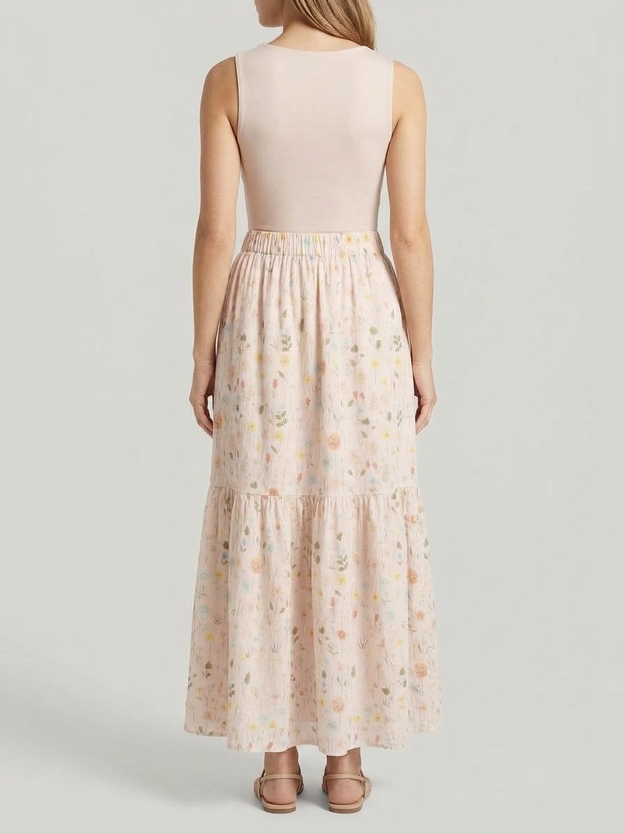 Women’s Light Blue Floral Tiered Maxi Skirt
