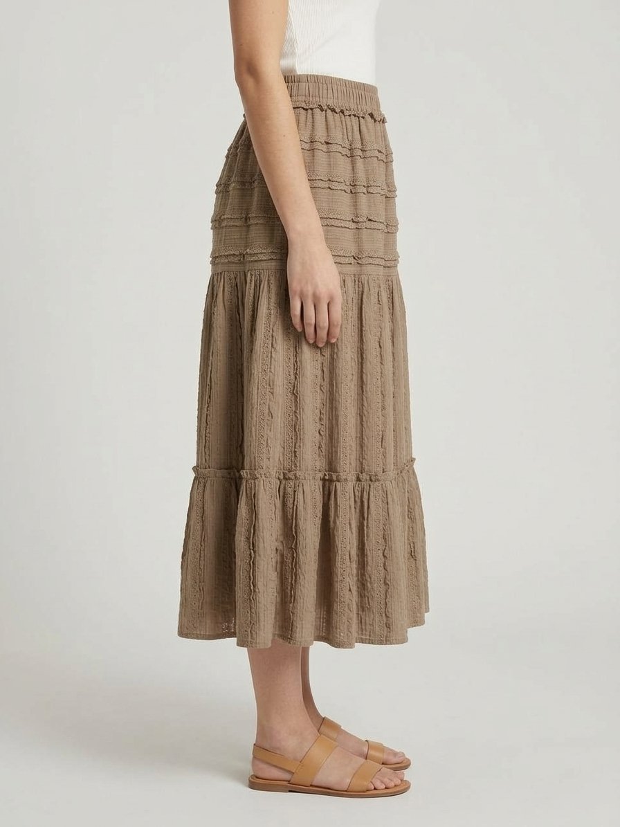 Women’s Taupe Tiered Lace Midi Skirt