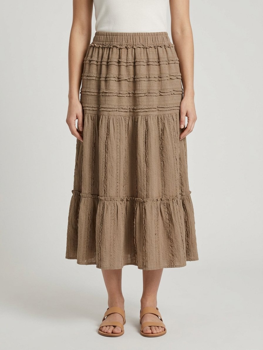 Women’s Taupe Tiered Lace Midi Skirt