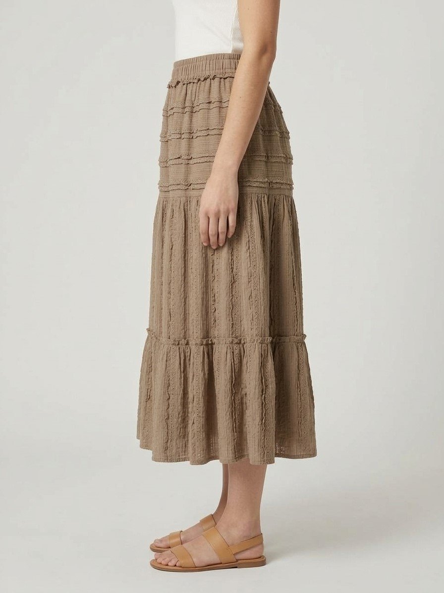 Women’s Taupe Tiered Lace Midi Skirt