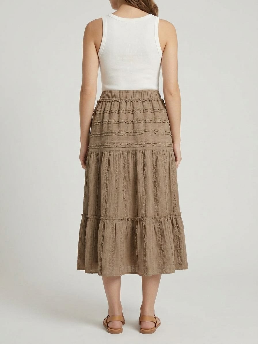 Women’s Taupe Tiered Lace Midi Skirt