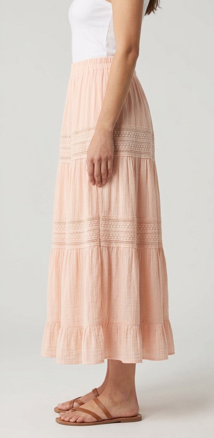 Women’s Blush Peach Lace-Trim Tiered Maxi Skirt