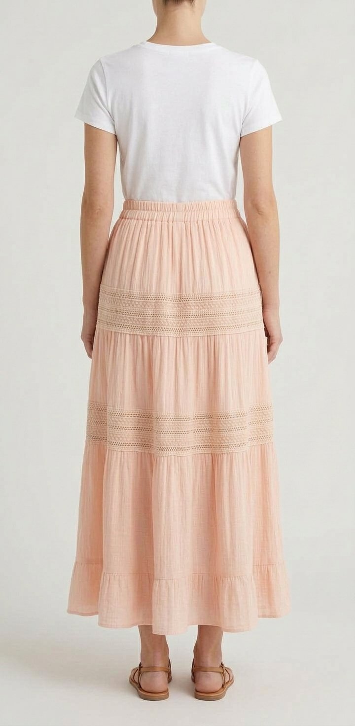 Women’s Blush Peach Lace-Trim Tiered Maxi Skirt
