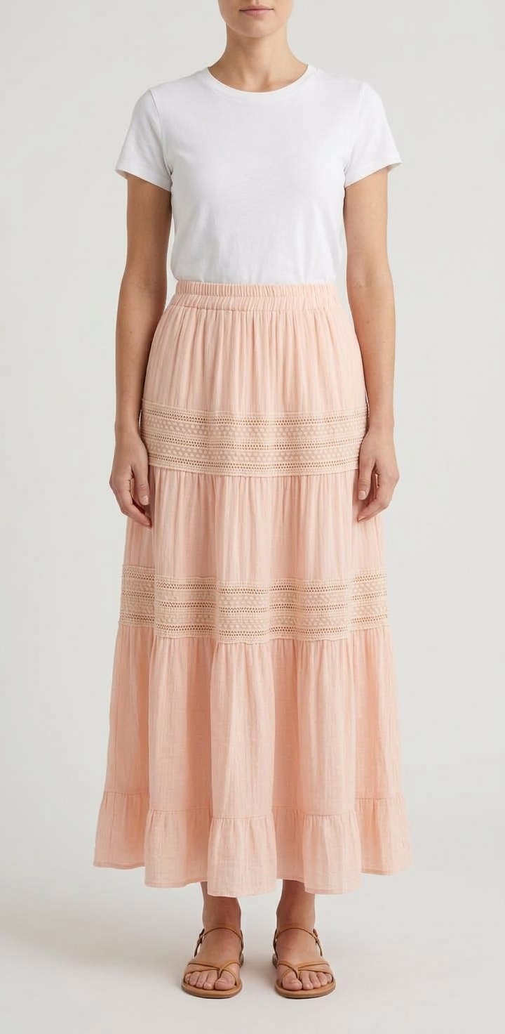Women’s Blush Peach Lace-Trim Tiered Maxi Skirt