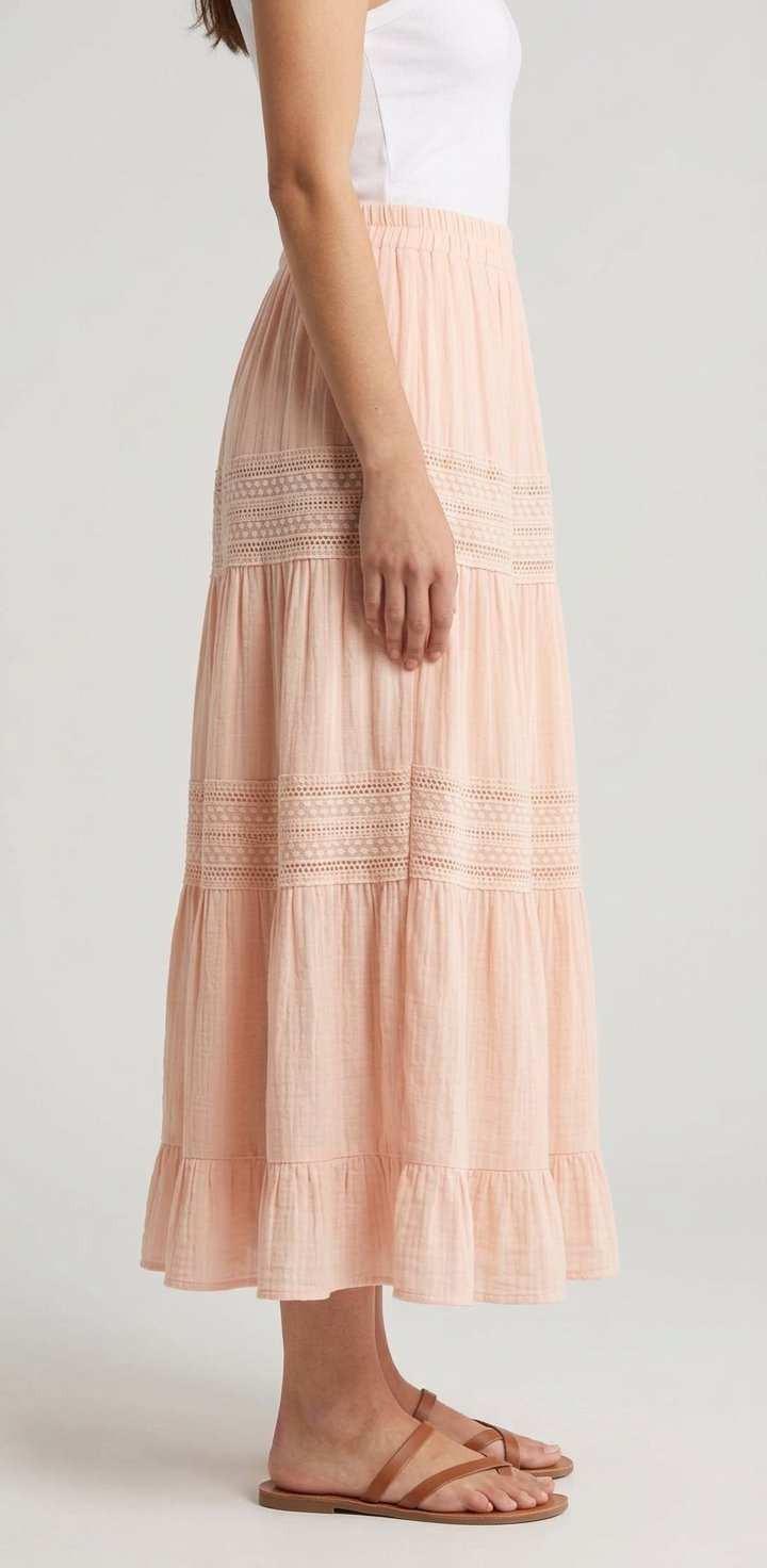 Women’s Blush Peach Lace-Trim Tiered Maxi Skirt