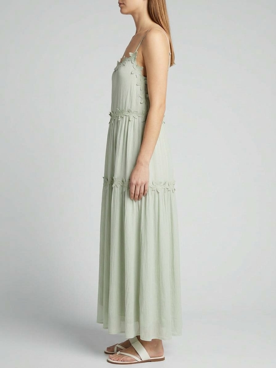 Women’s Sage Green Floral-Trim Maxi Dress