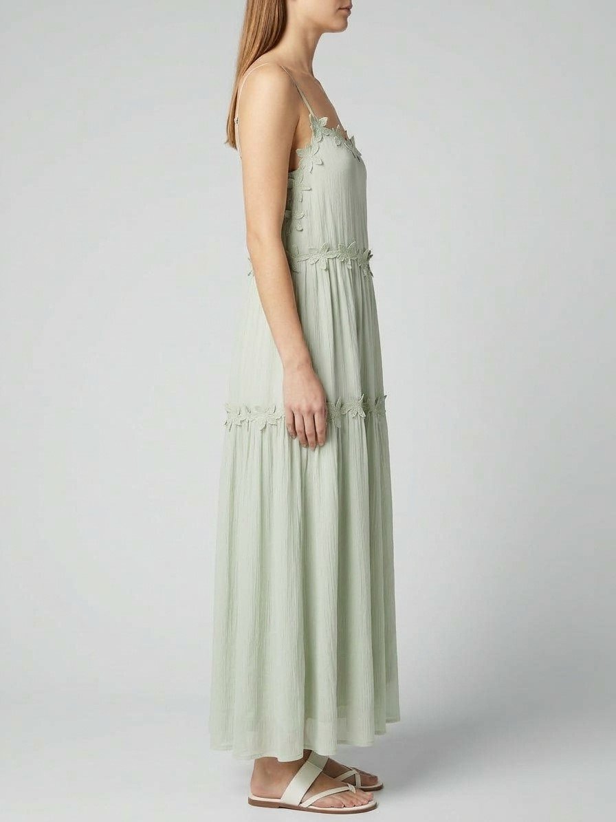 Women’s Sage Green Floral-Trim Maxi Dress