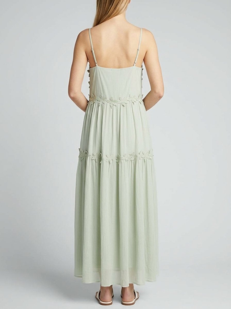 Women’s Sage Green Floral-Trim Maxi Dress