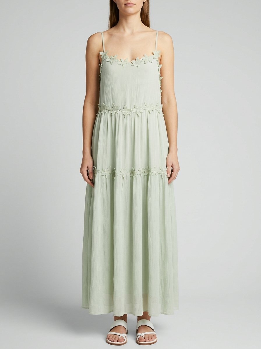 Women’s Sage Green Floral-Trim Maxi Dress