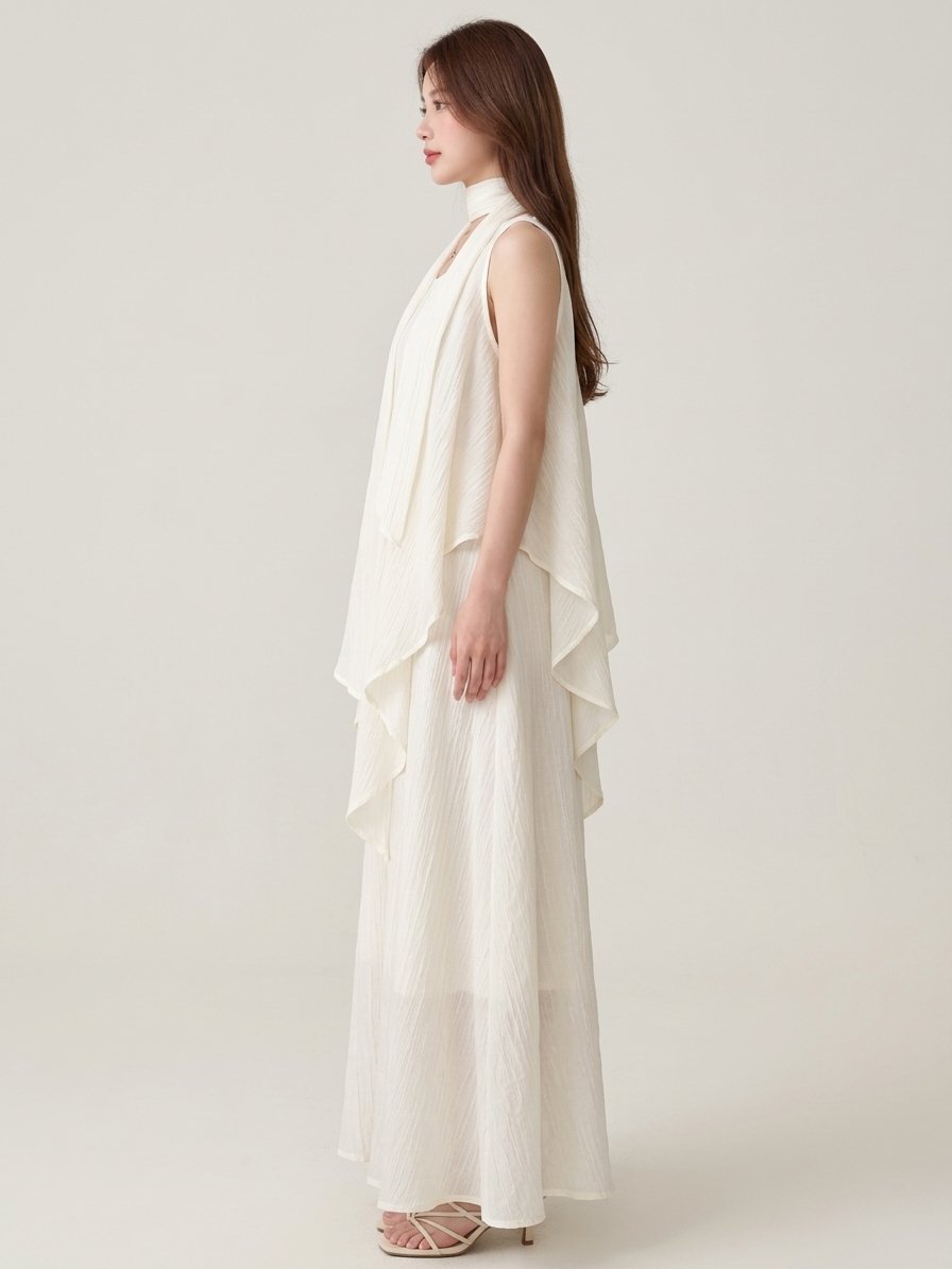 Women’s White Scarf-Detail Layered Maxi Dress
