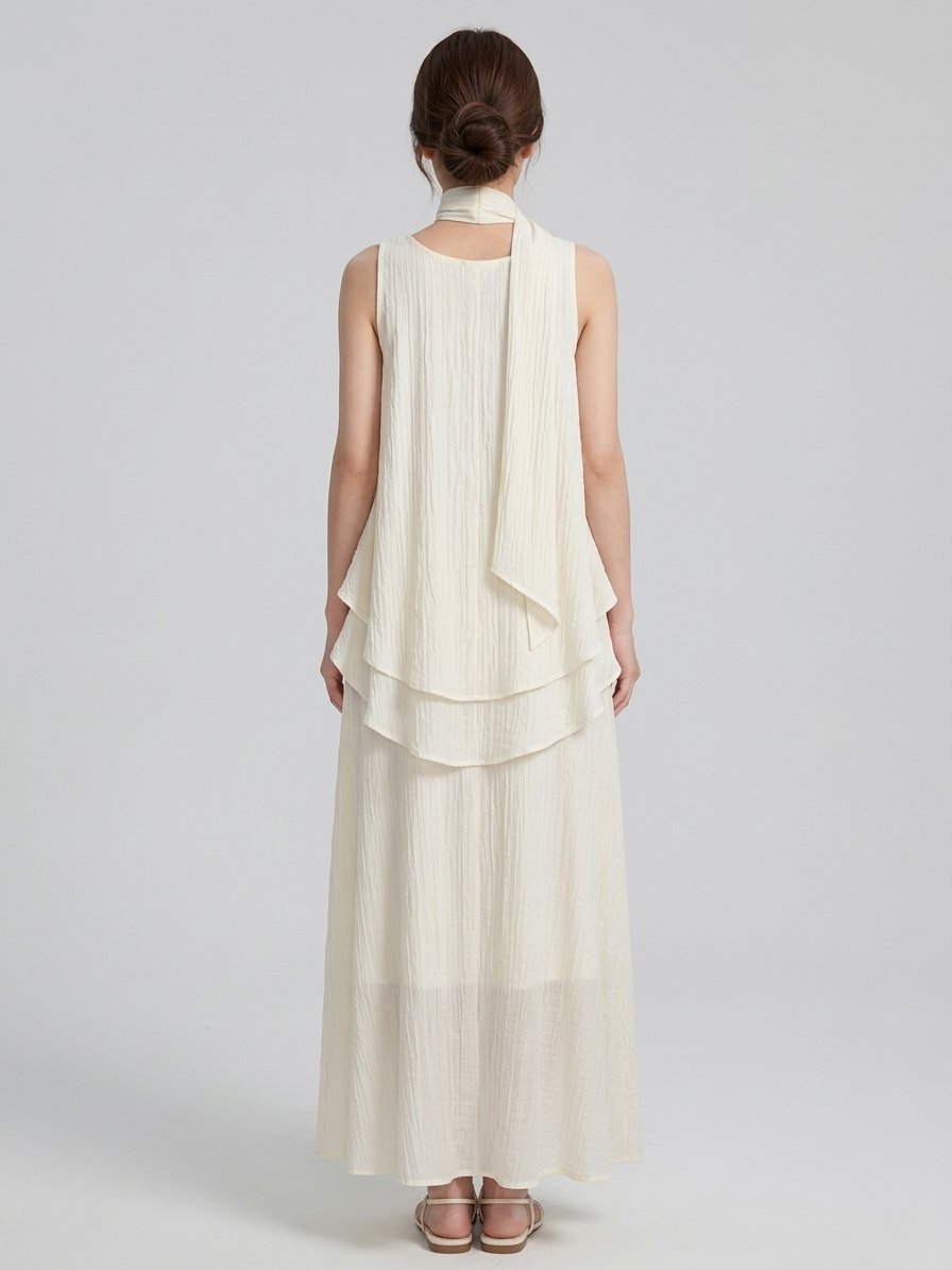 Women’s White Scarf-Detail Layered Maxi Dress