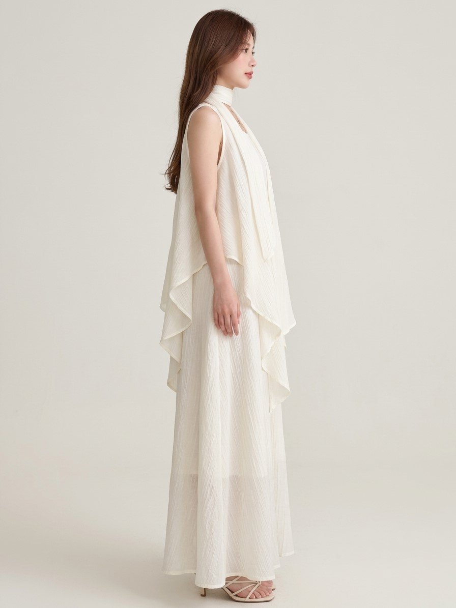 Women’s White Scarf-Detail Layered Maxi Dress