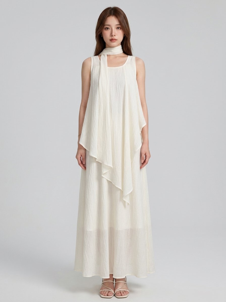 Women’s White Scarf-Detail Layered Maxi Dress