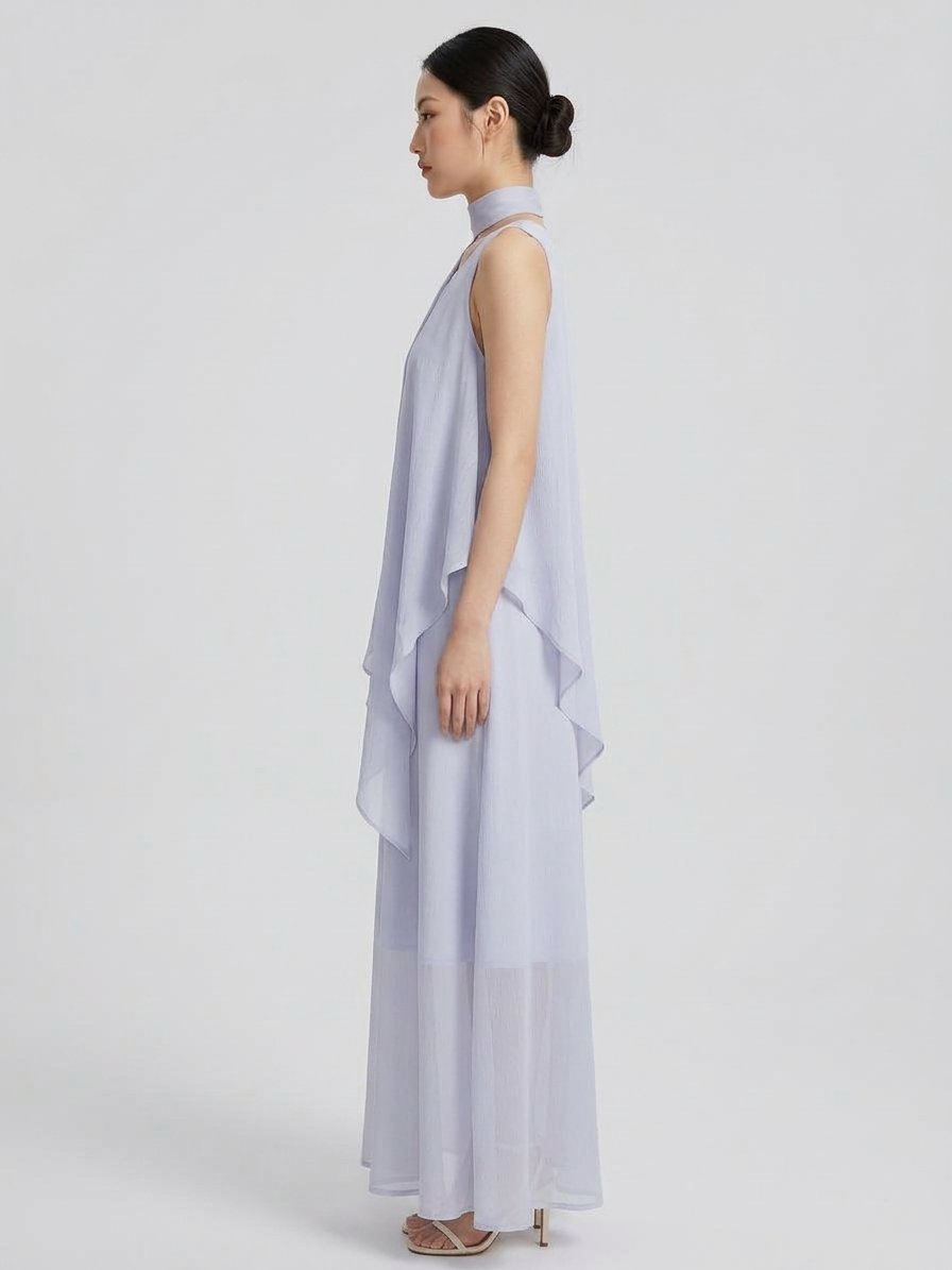 Women’s White Scarf-Detail Layered Maxi Dress
