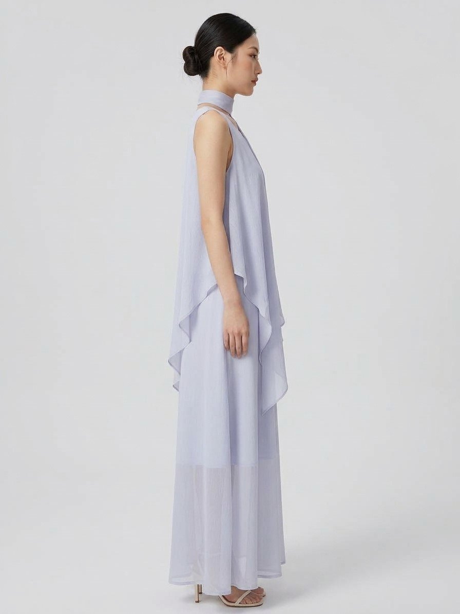 Women’s White Scarf-Detail Layered Maxi Dress