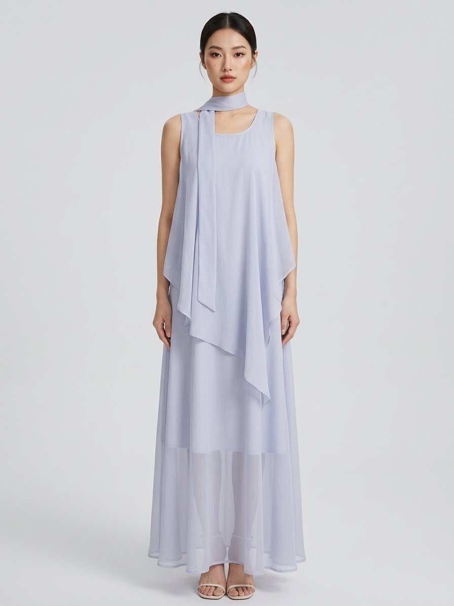 Women’s White Scarf-Detail Layered Maxi Dress
