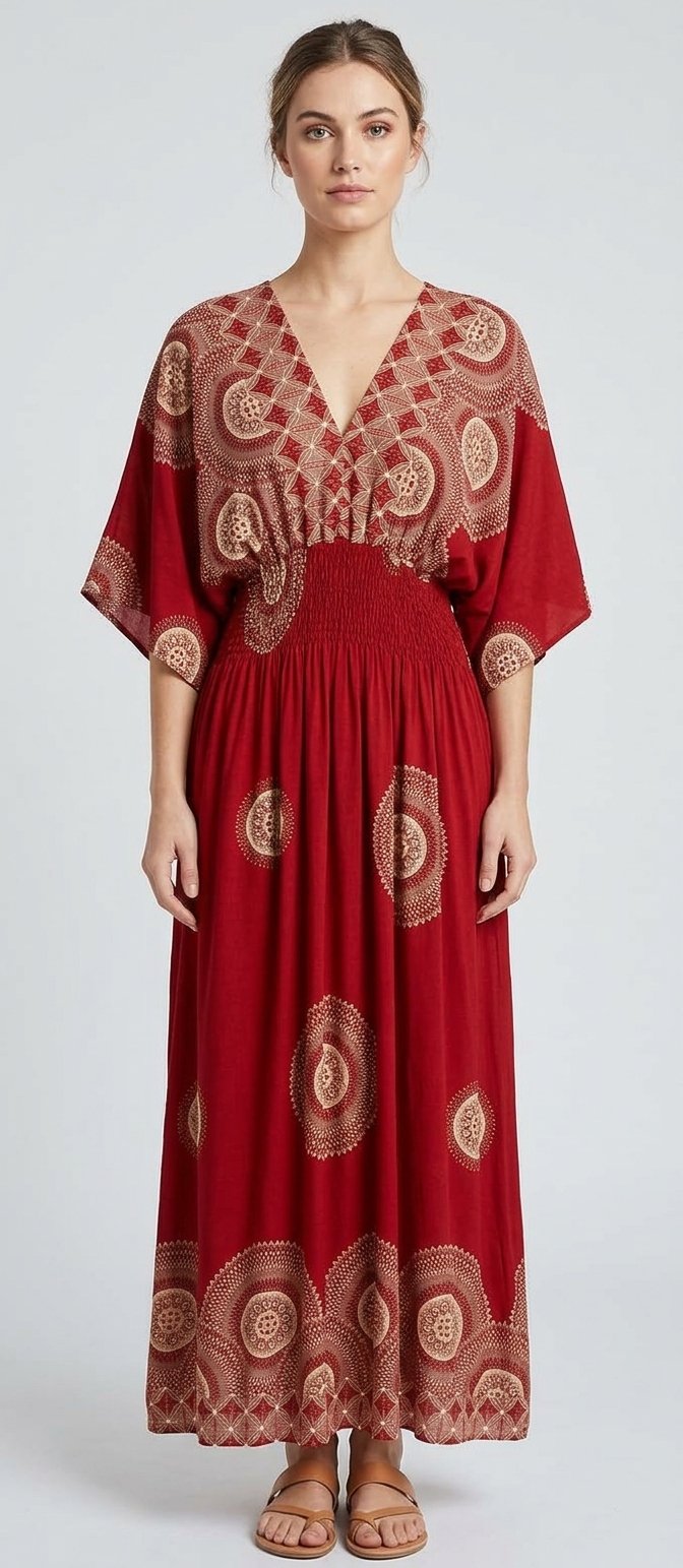 Women’s Red Paisley Medallion Smocked Maxi Dress