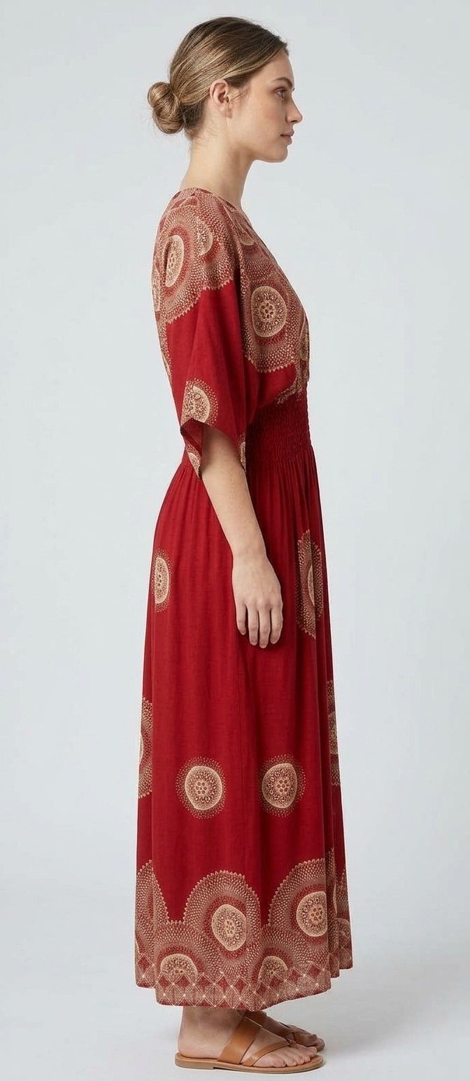 Women’s Red Paisley Medallion Smocked Maxi Dress
