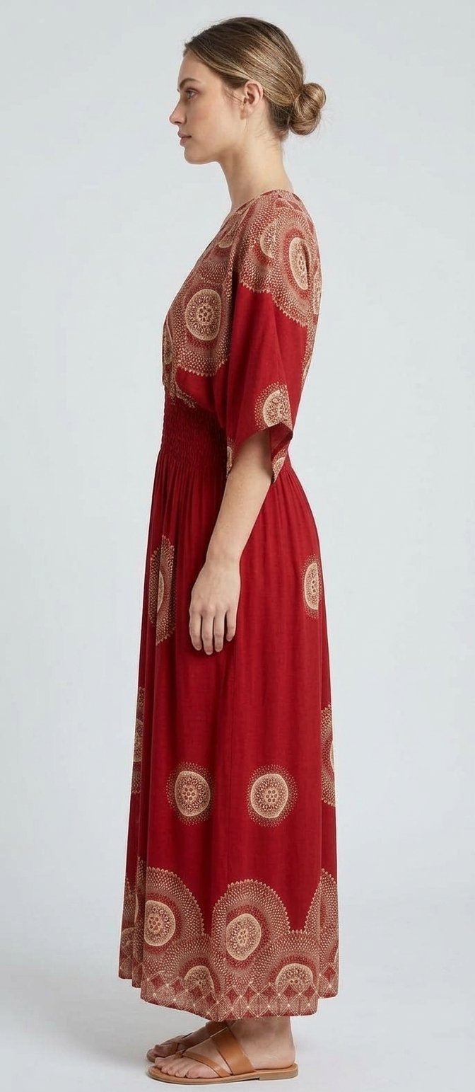 Women’s Red Paisley Medallion Smocked Maxi Dress