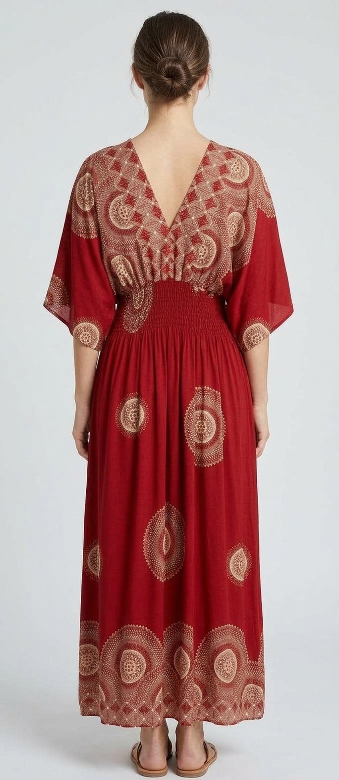 Women’s Red Paisley Medallion Smocked Maxi Dress