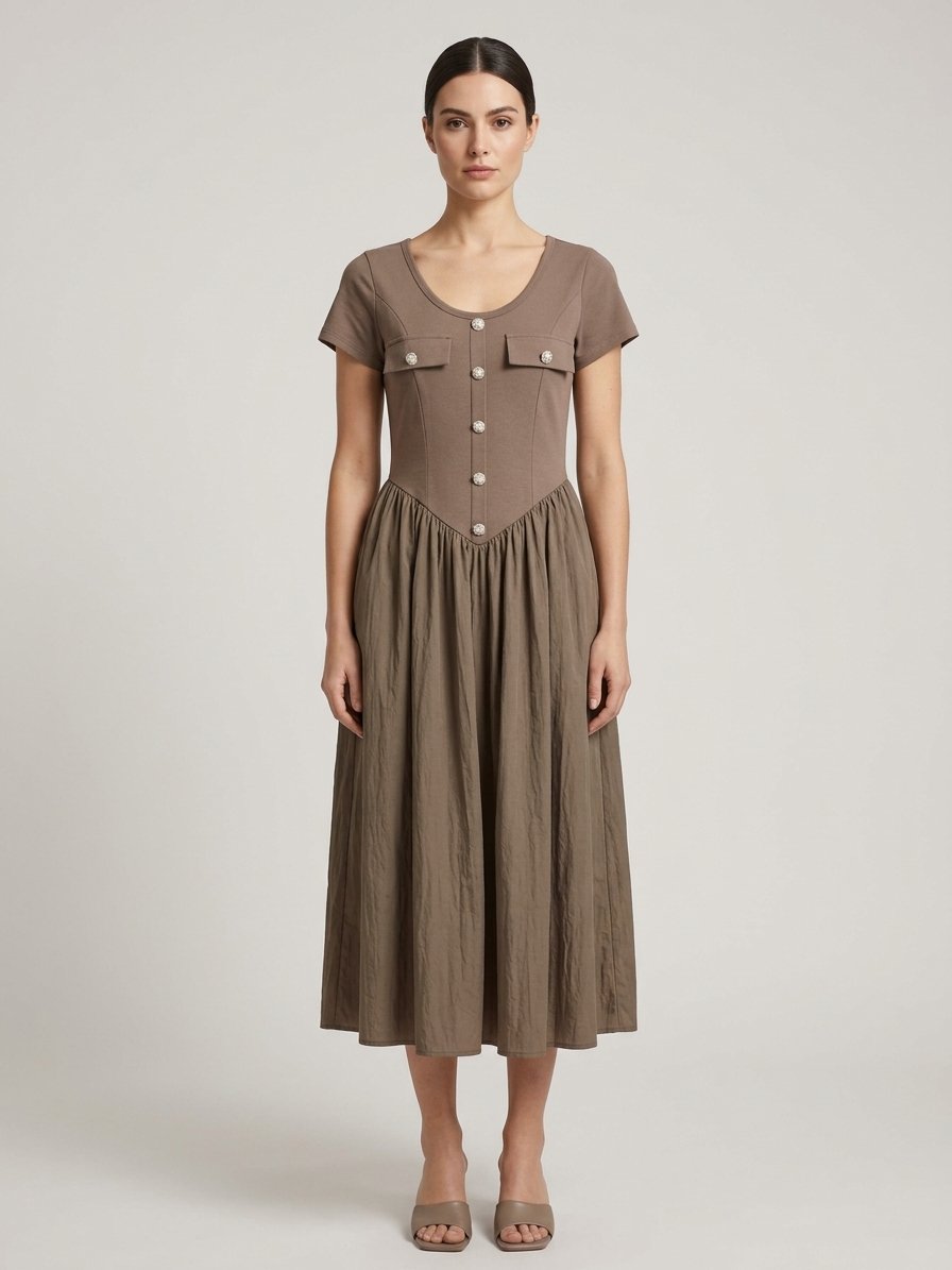 Women’s Taupe Button-Front Midi Dress