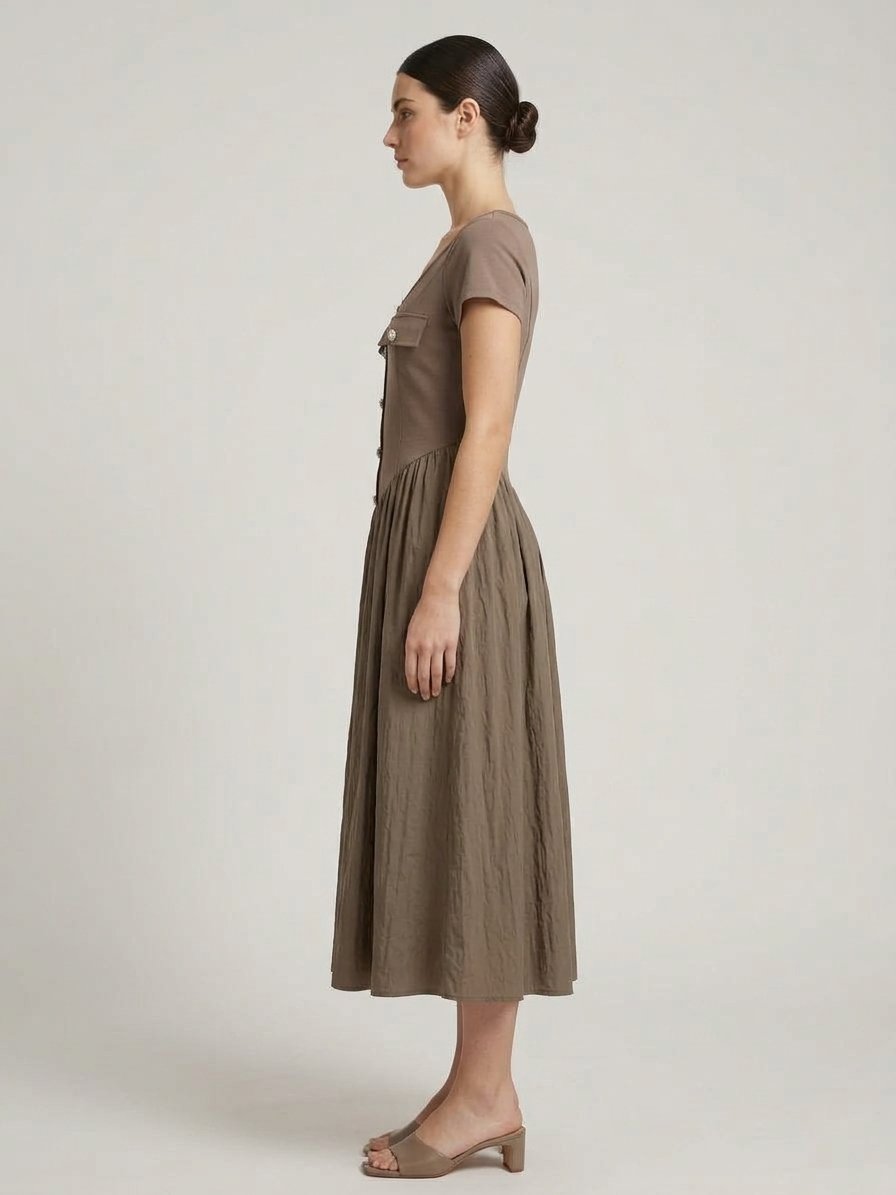 Women’s Taupe Button-Front Midi Dress