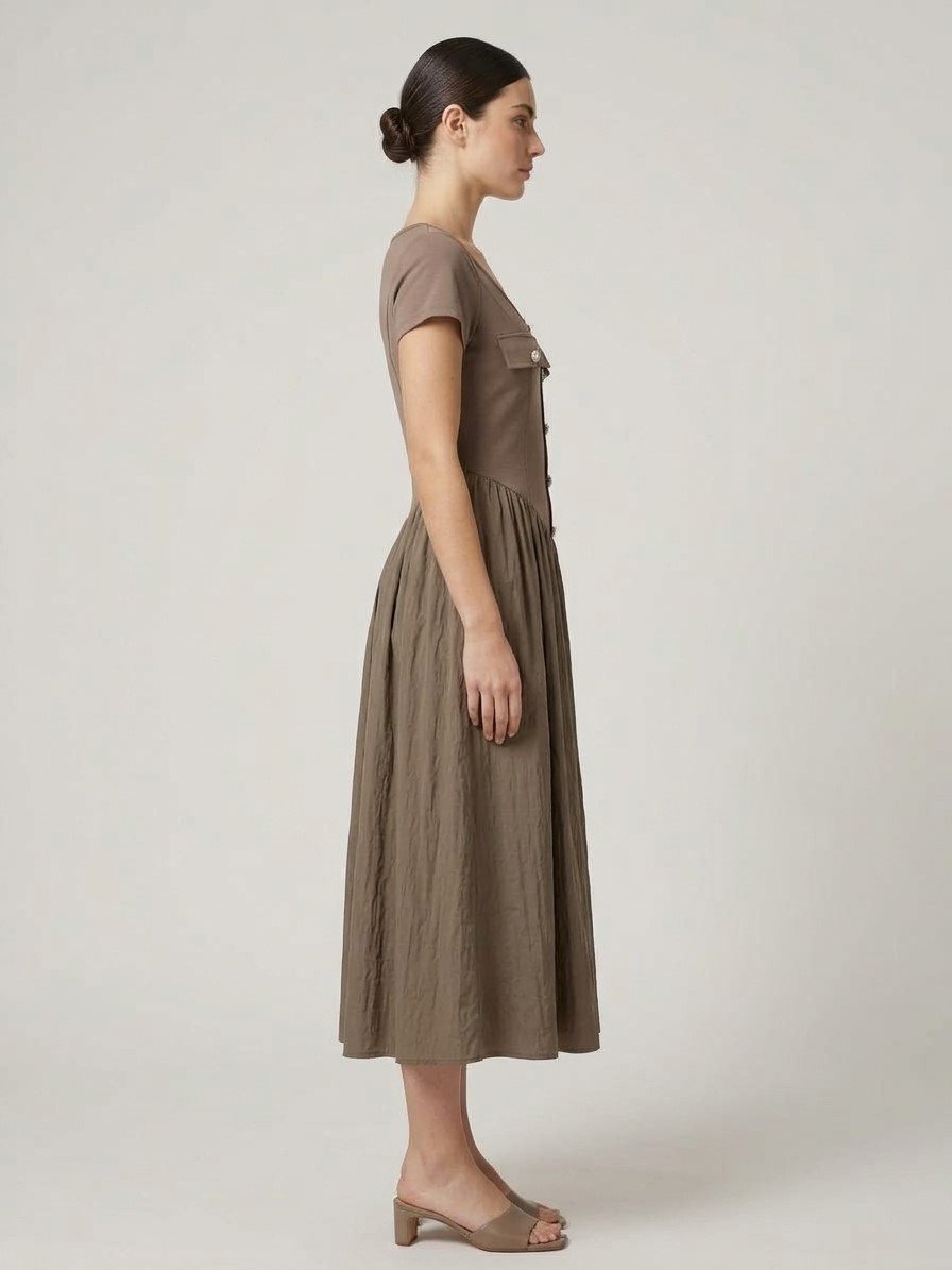 Women’s Taupe Button-Front Midi Dress