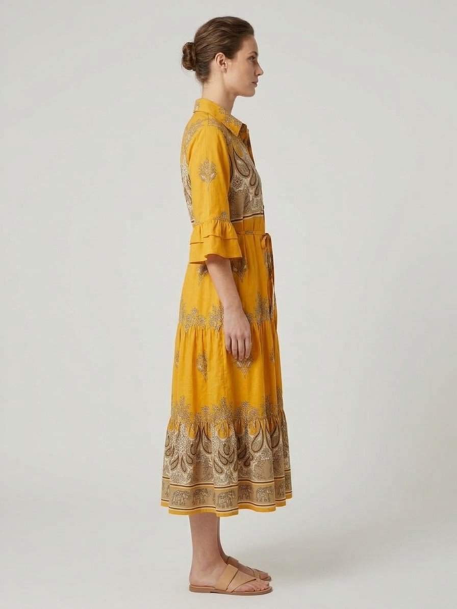 Women’s Mustard Paisley Midi Dress with Waist Tie