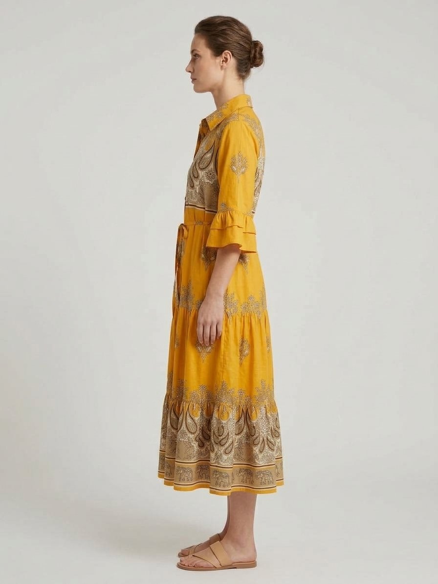 Women’s Mustard Paisley Midi Dress with Waist Tie