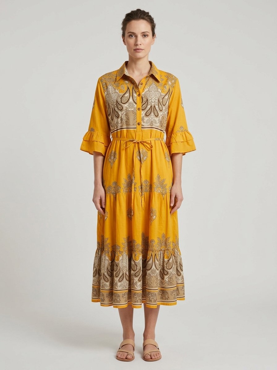 Women’s Mustard Paisley Midi Dress with Waist Tie