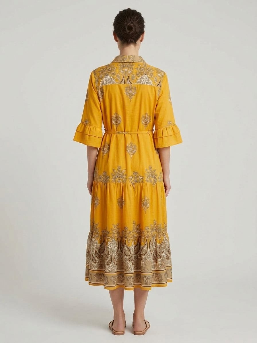 Women’s Mustard Paisley Midi Dress with Waist Tie