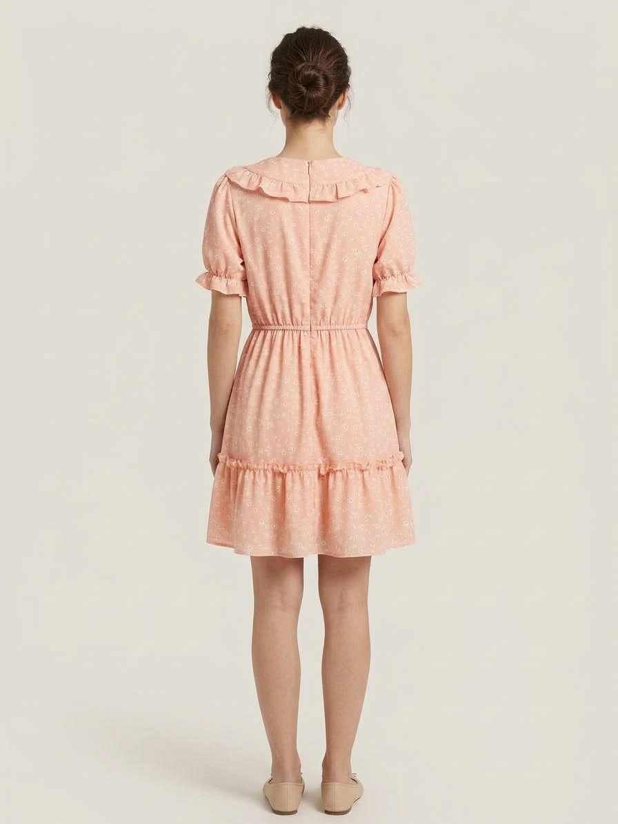 Women’s Peach Floral Ruffle-Collar Mini Dress