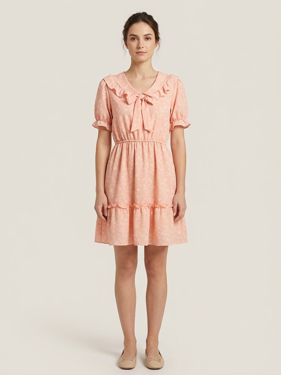 Women’s Peach Floral Ruffle-Collar Mini Dress