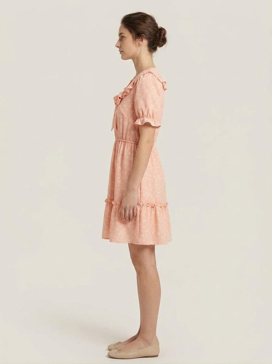 Women’s Peach Floral Ruffle-Collar Mini Dress