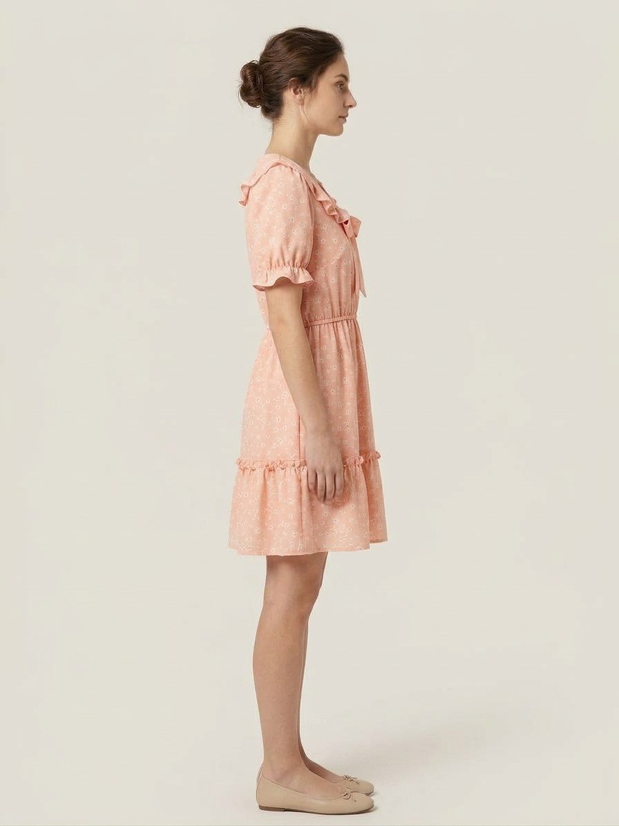 Women’s Peach Floral Ruffle-Collar Mini Dress
