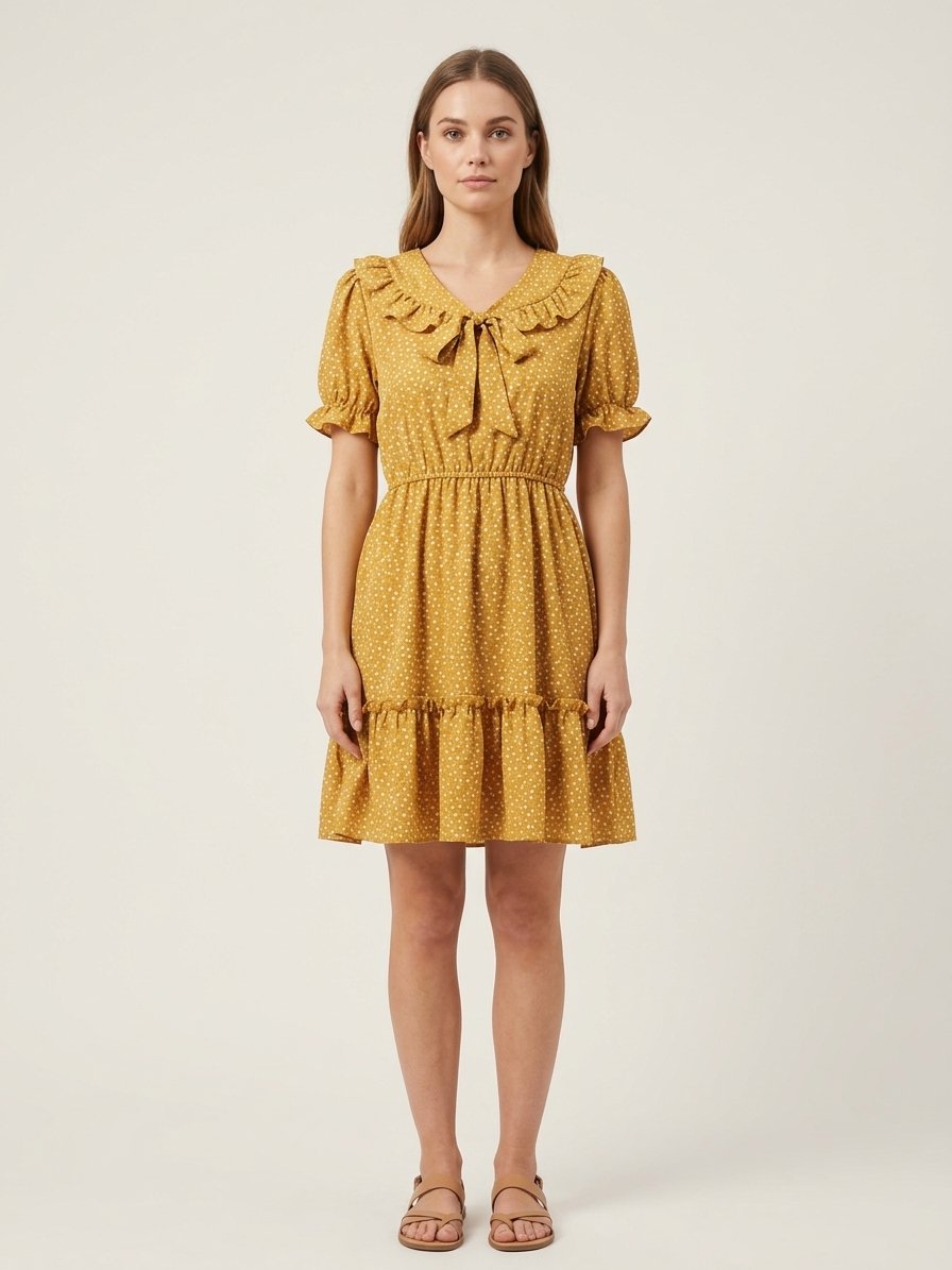Women’s Peach Floral Ruffle-Collar Mini Dress