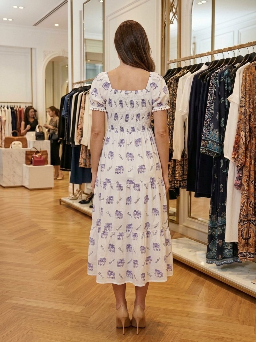 Women’s White Elephant-Print Puff-Sleeve Midi Dress