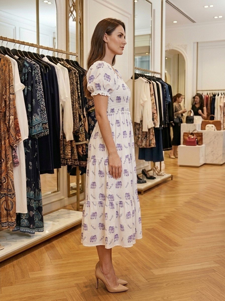 Women’s White Elephant-Print Puff-Sleeve Midi Dress