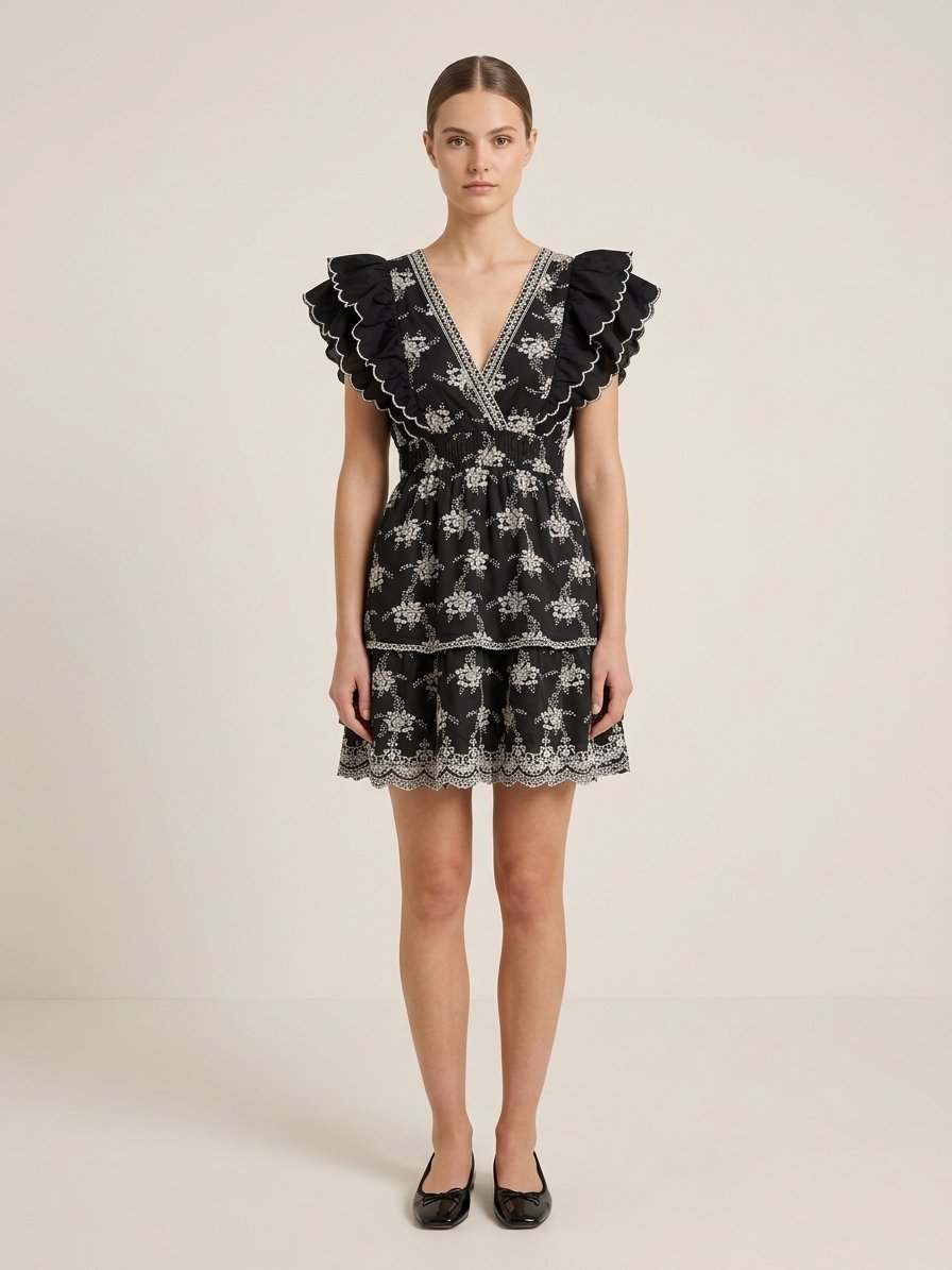 Women’s White Embroidered Ruffle Shoulder Tiered Mini Dress