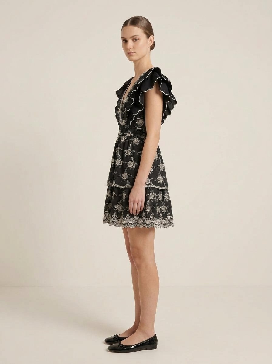 Women’s White Embroidered Ruffle Shoulder Tiered Mini Dress