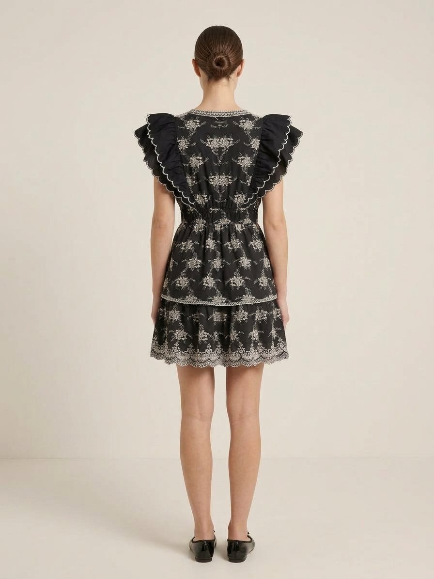 Women’s White Embroidered Ruffle Shoulder Tiered Mini Dress