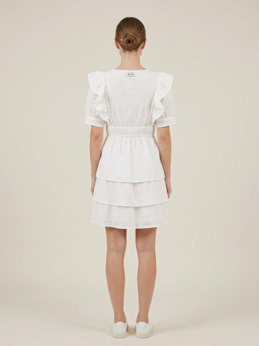 Women’s White Embroidered Ruffle Shoulder Tiered Mini Dress