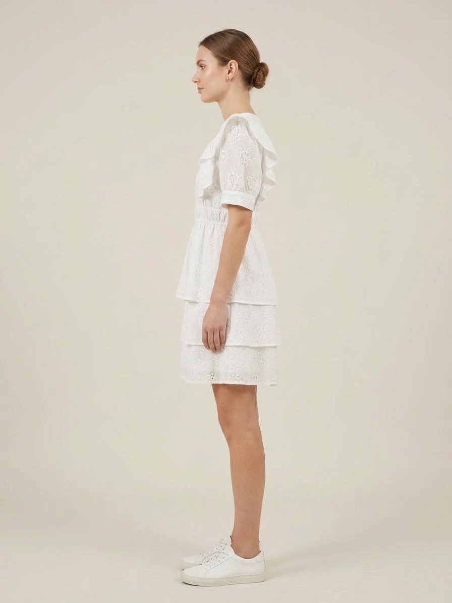 Women’s White Embroidered Ruffle Shoulder Tiered Mini Dress