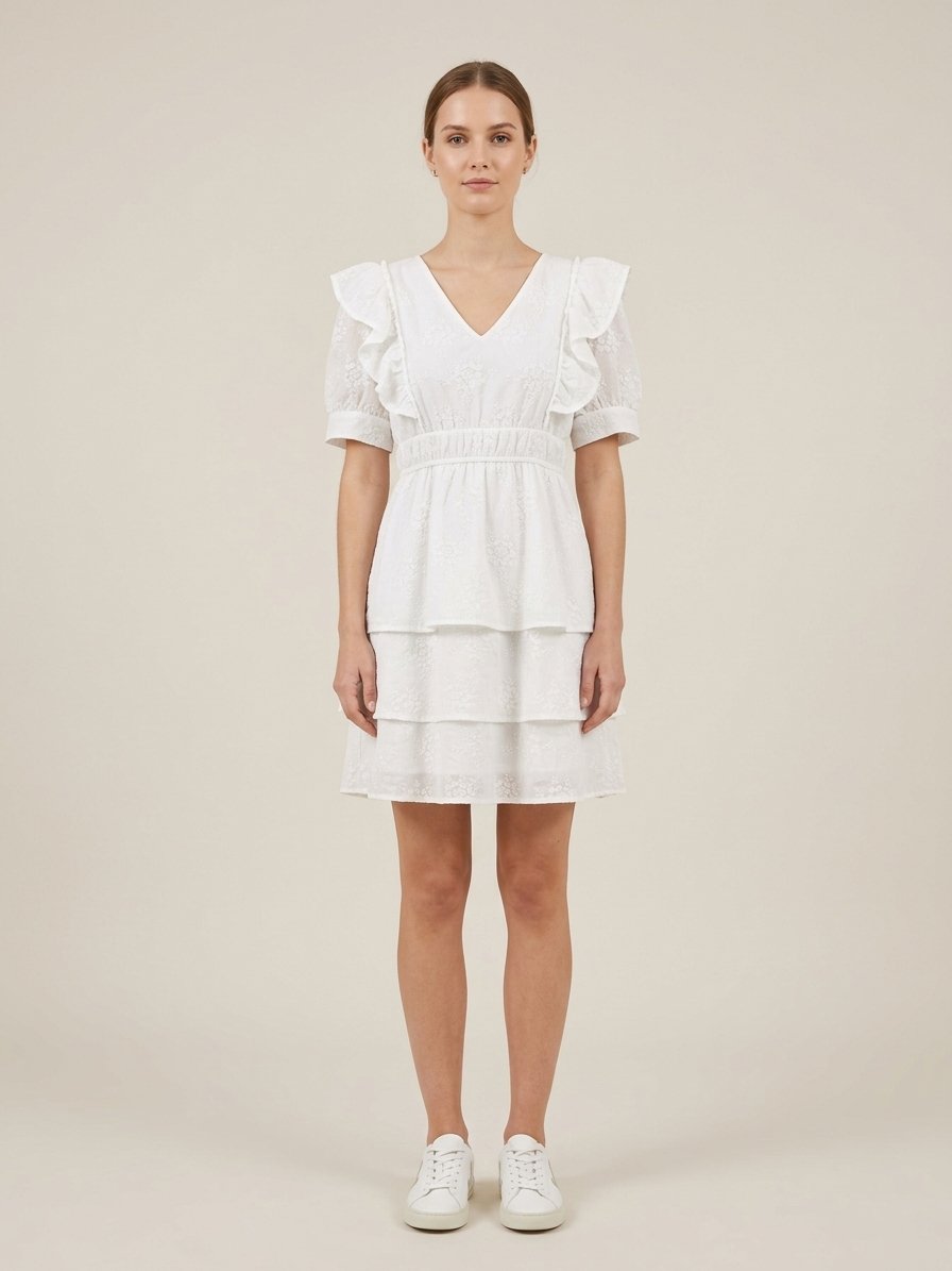 Women’s White Embroidered Ruffle Shoulder Tiered Mini Dress