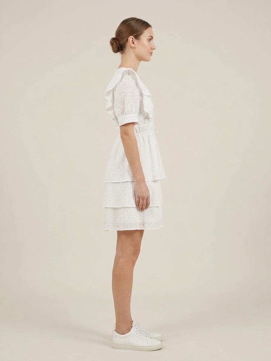 Women’s White Embroidered Ruffle Shoulder Tiered Mini Dress