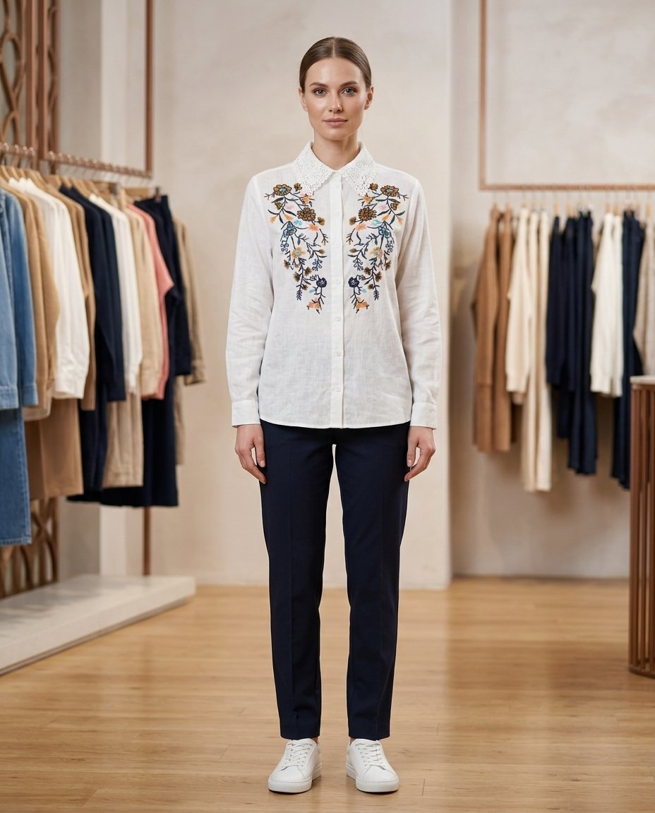 Women’s White Lace Collar Embroidered Shirt
