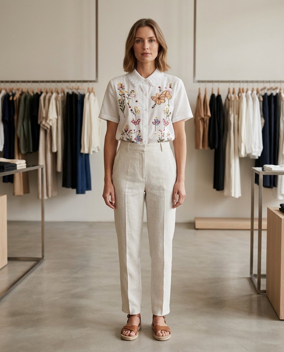 Women’s White Lace Collar Embroidered Shirt